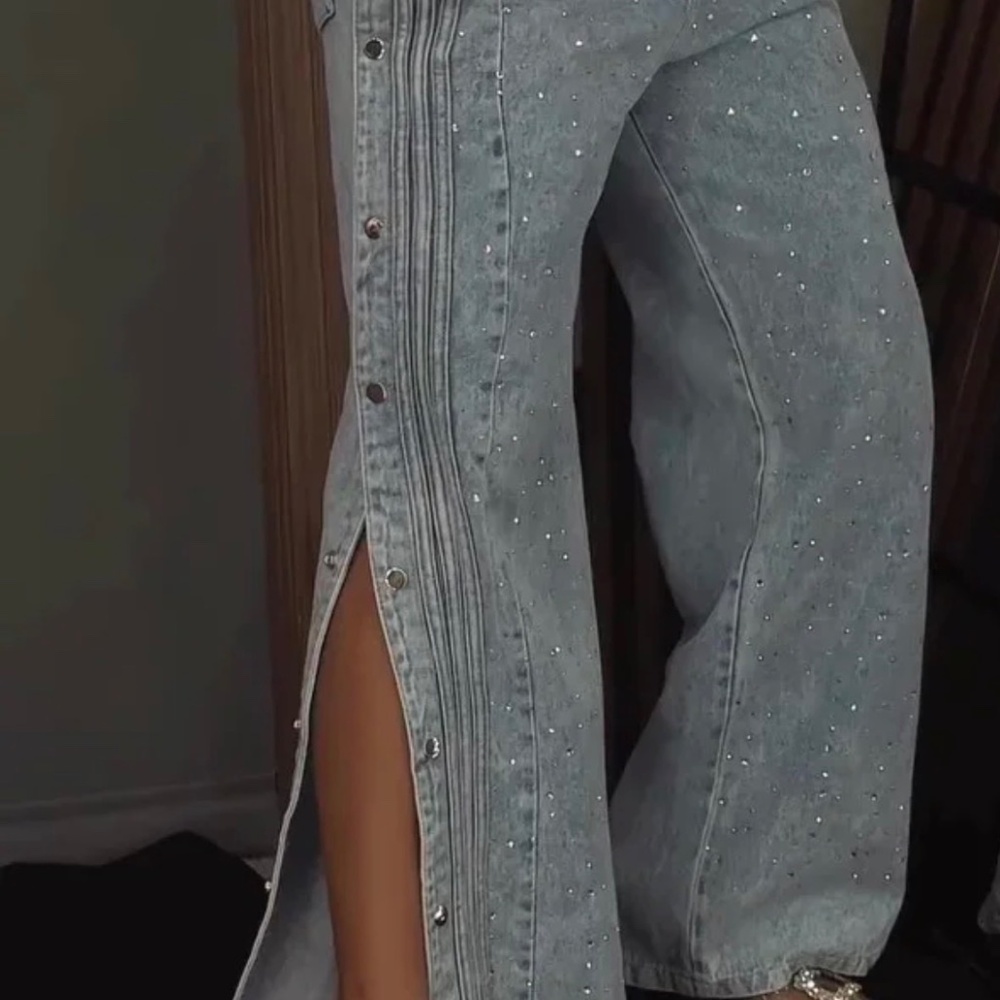 High-Waisted Rhinestone Embellished Side Button Jeans - Picture 5 of 5